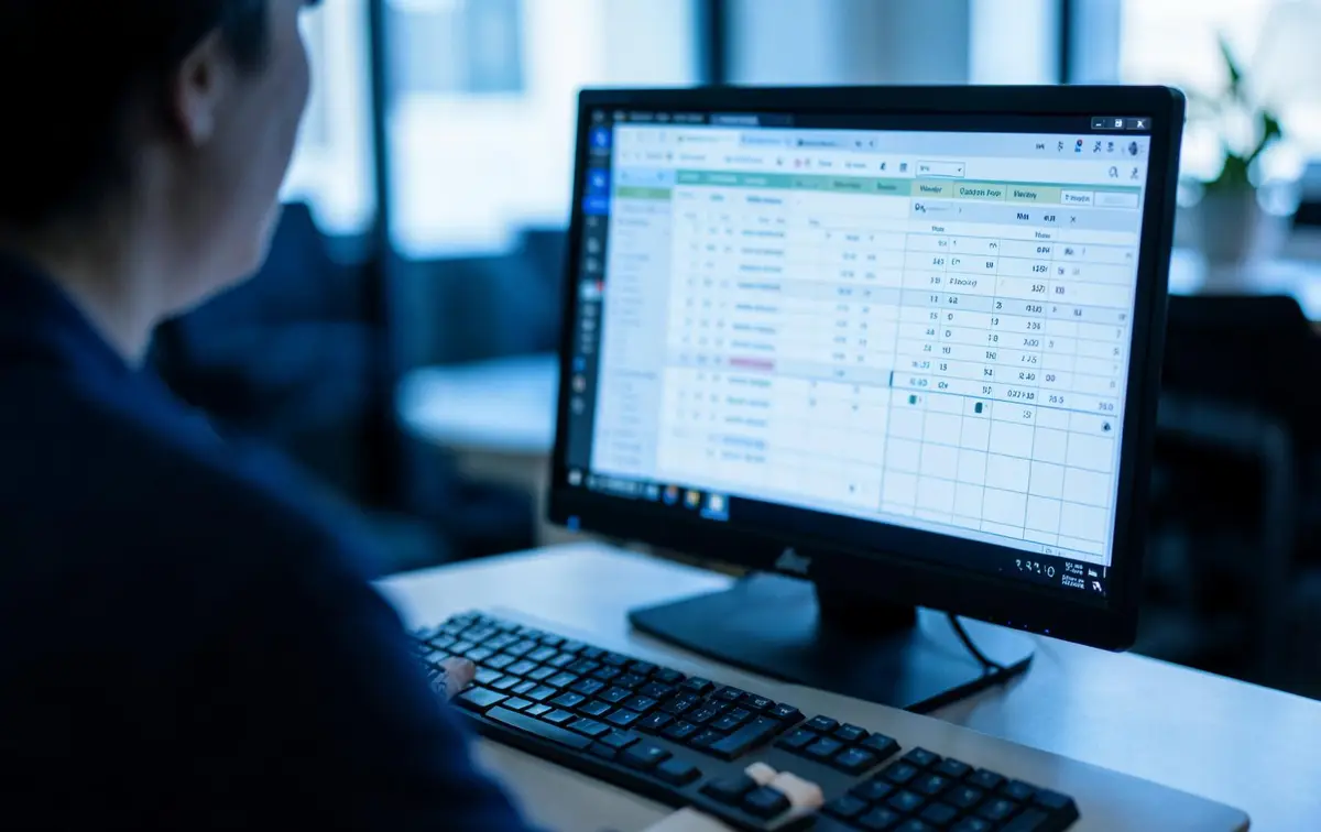 Weekly cash flow forecast spreadsheet open on a desktop monitor in an office