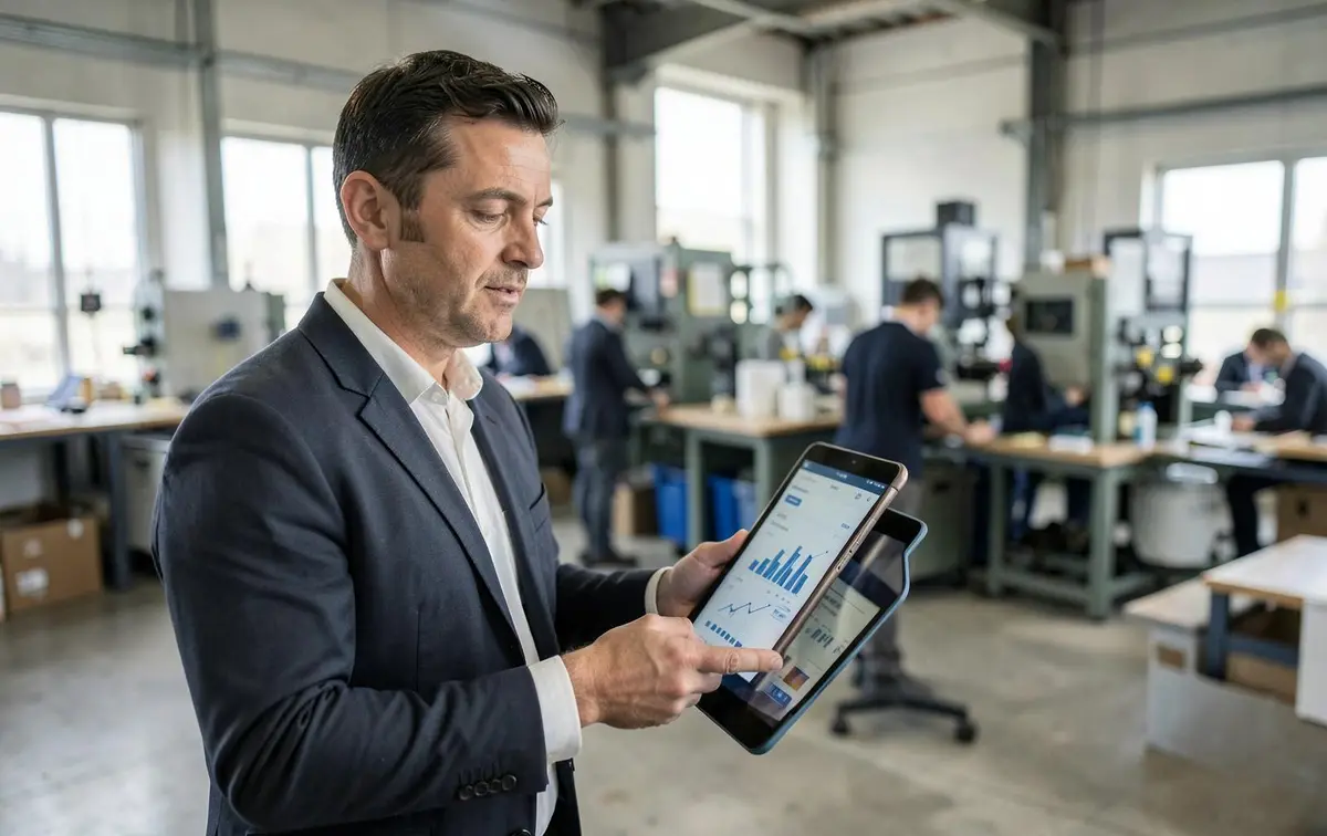 Business owner reviewing performance figures on a tablet in an operating workspace
