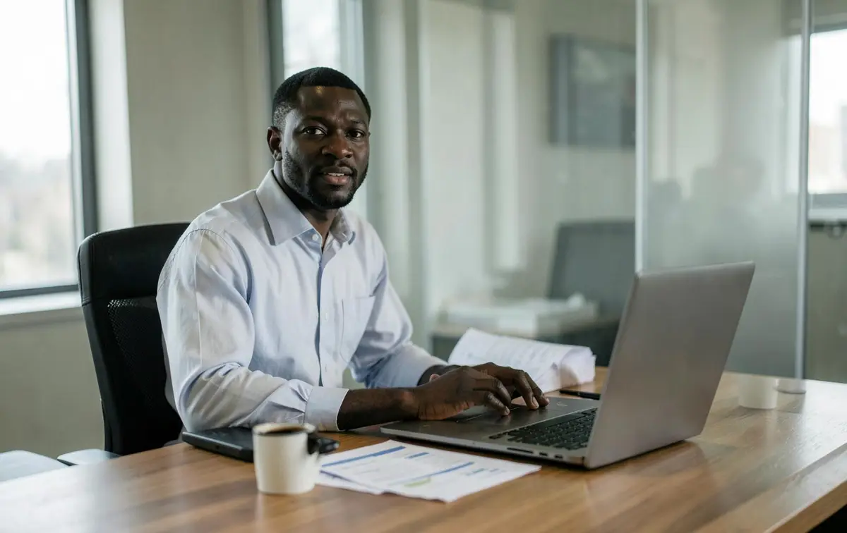Executive working through budget spreadsheets on a laptop in a quiet office