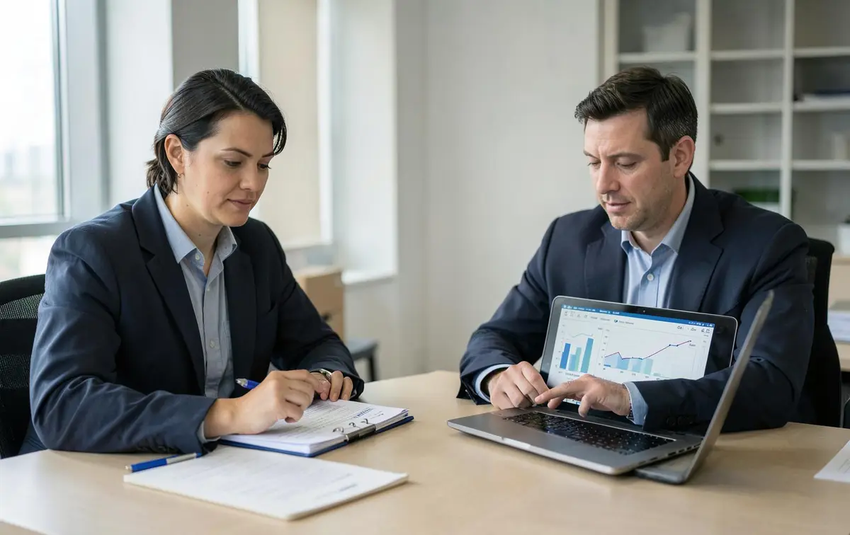 Two finance professionals comparing a compliance binder against a forward-looking financial model on a laptop