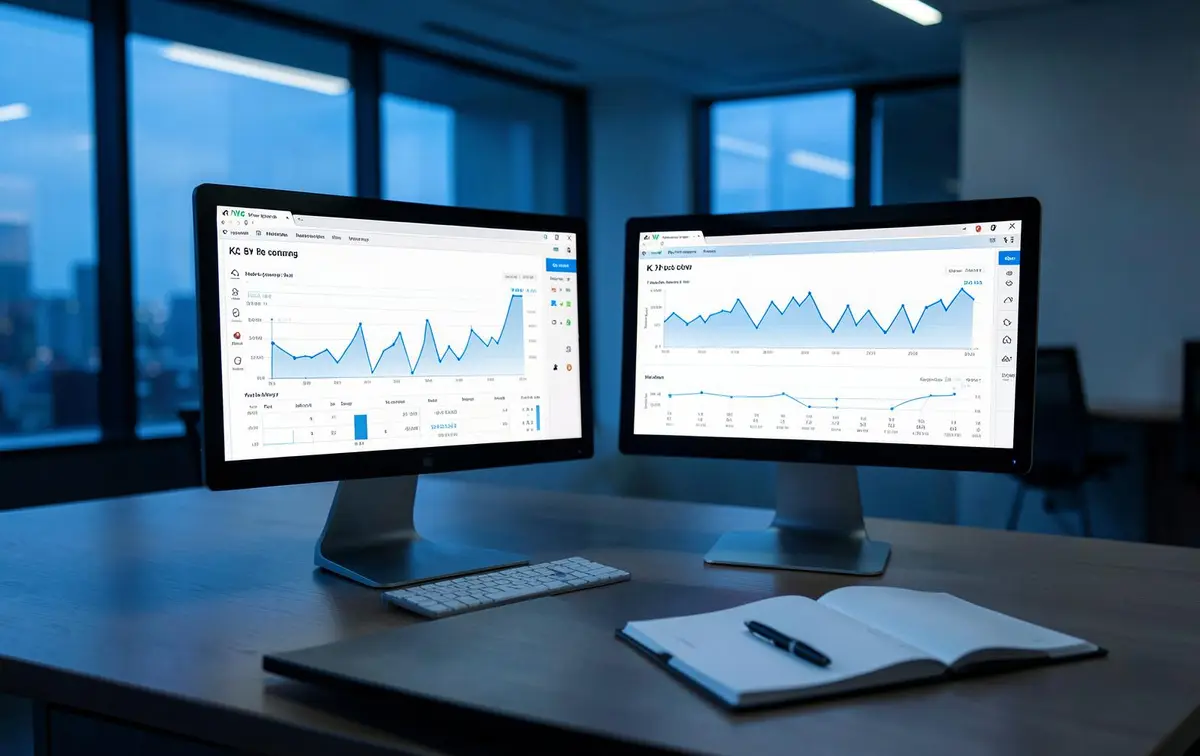 Financial KPI dashboards displayed on two monitors in a modern office at dusk