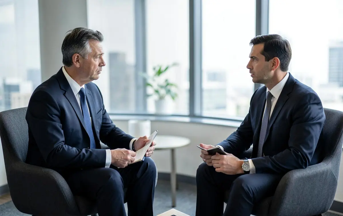 Company CEO and finance executive in a focused one-on-one discussion by an office window