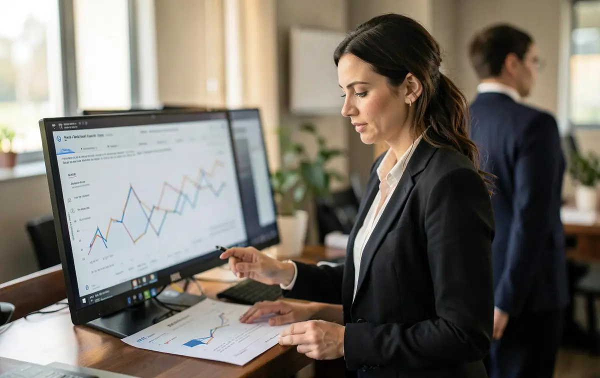 Financial analyst comparing margin reports against a chart on screen at a standing desk