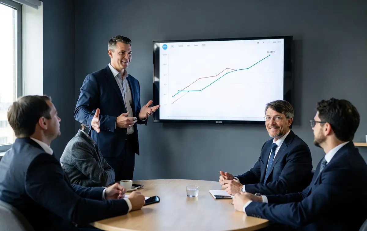 Finance leader presenting a performance chart to a small leadership team in a meeting room