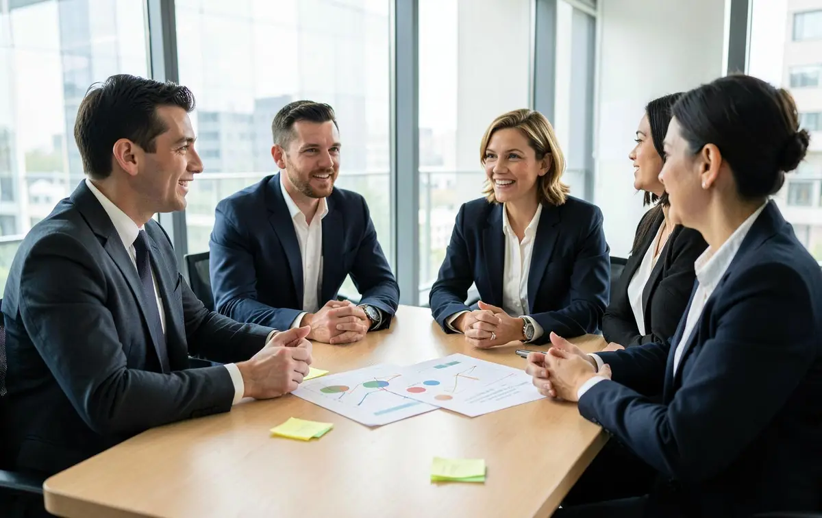 Leadership team discussing a growth plan around a table in a glass-walled meeting room