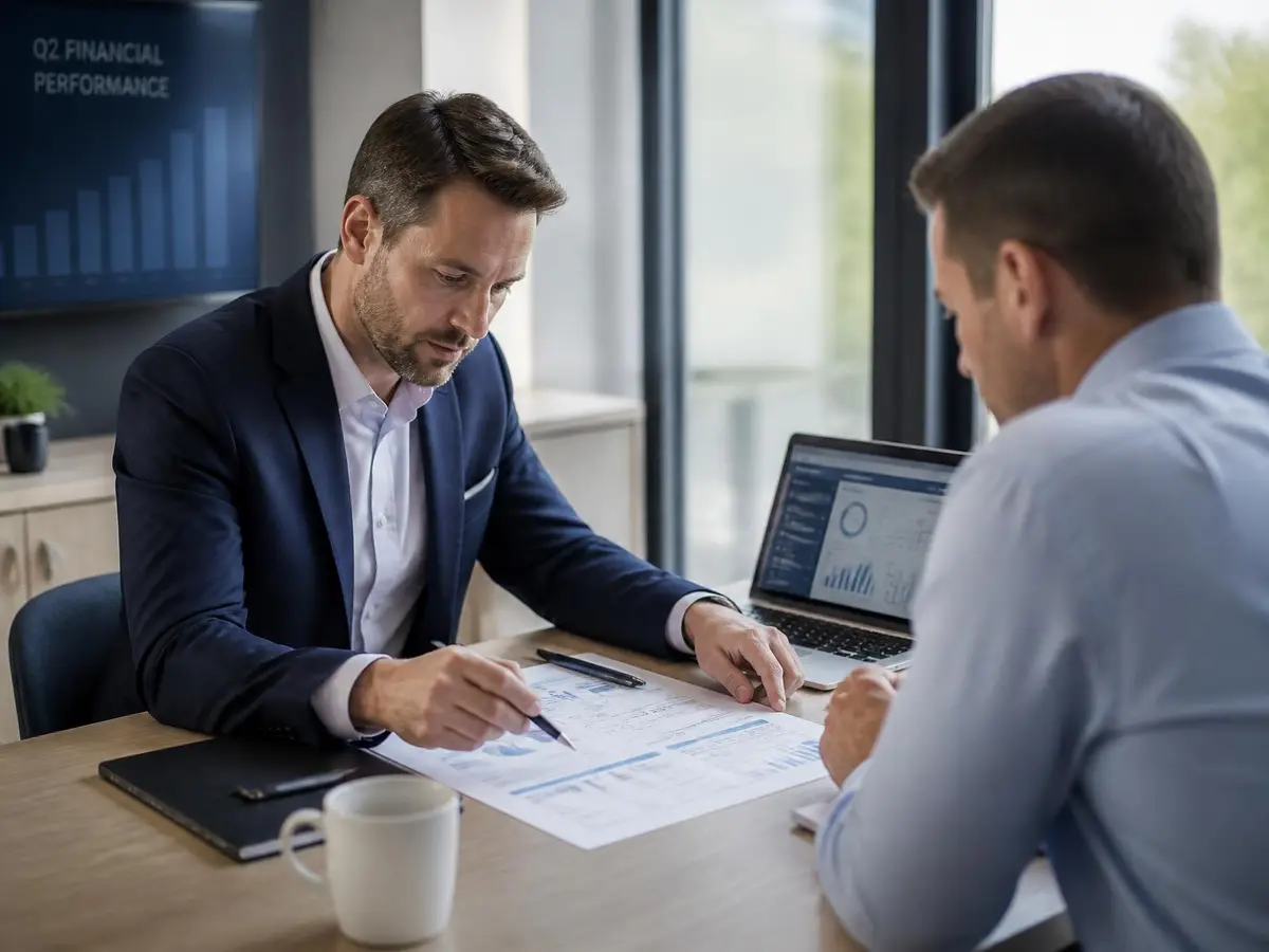 A fractional CFO reviewing quarterly financial performance reports with a business owner