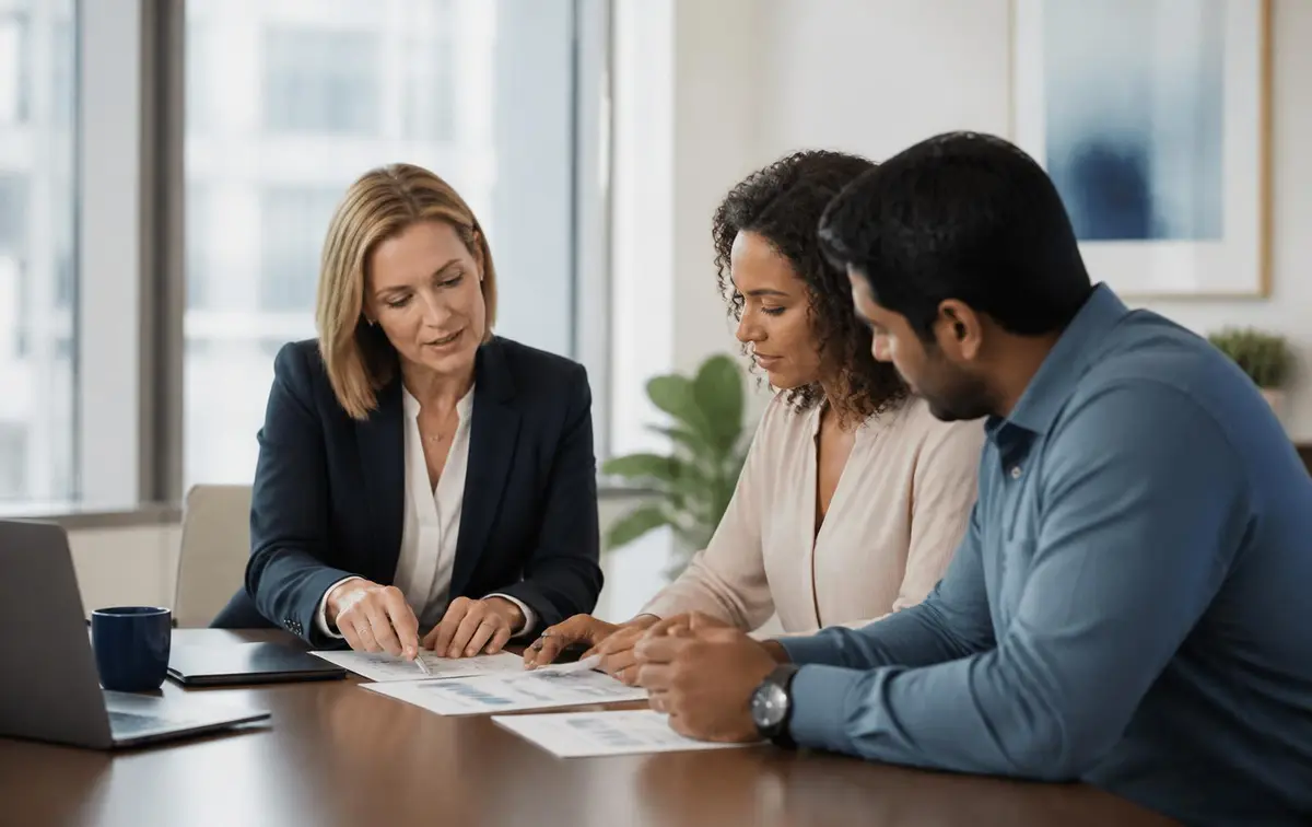 Business owner reviewing printed financial reports with a financial advisor at an office table