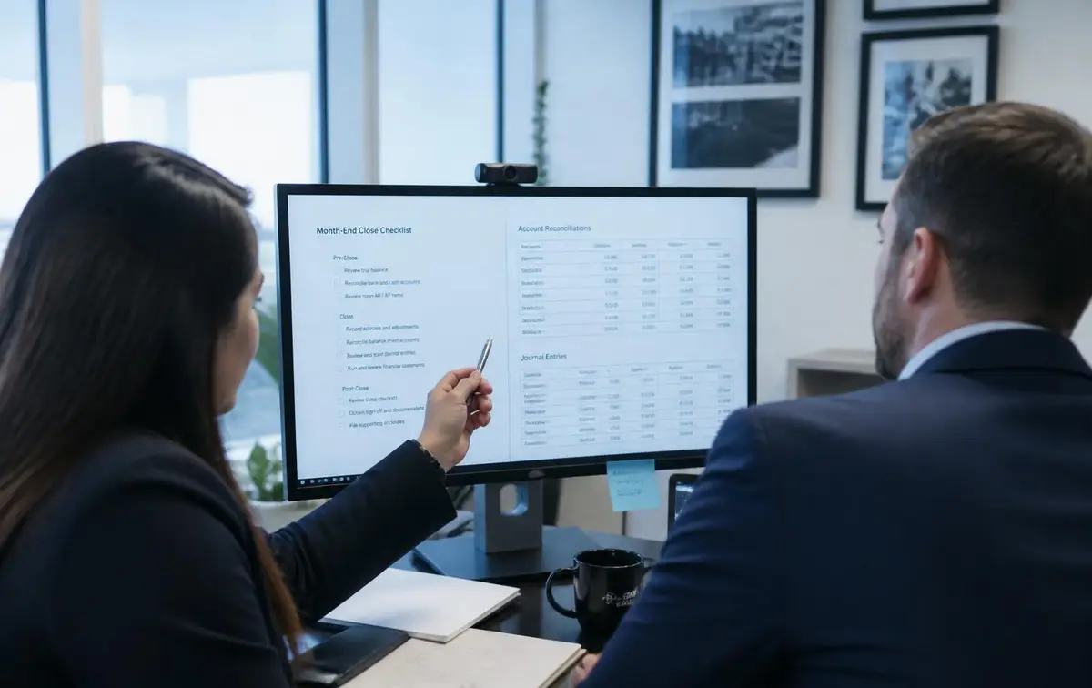 Two finance professionals reviewing a month-end close checklist and account reconciliations