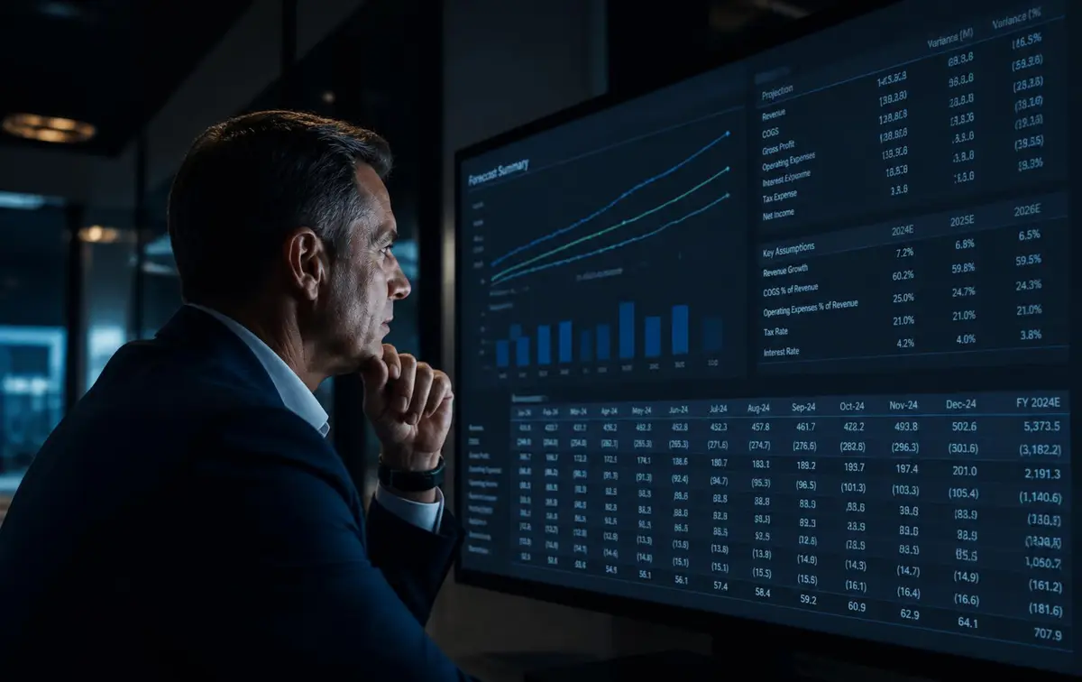 Finance leader reviewing a variance report against forecast on a laptop