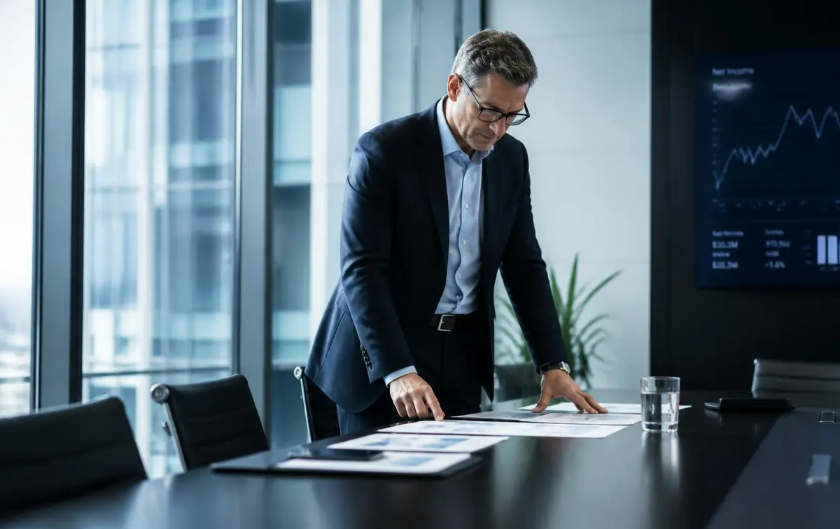 Executive reviewing prepared financial statements in a boardroom