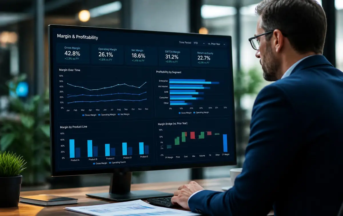 Executive reviewing management KPI reporting on a dashboard