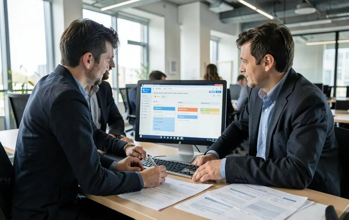 Financial reporting dashboards on two monitors in a modern office at dusk