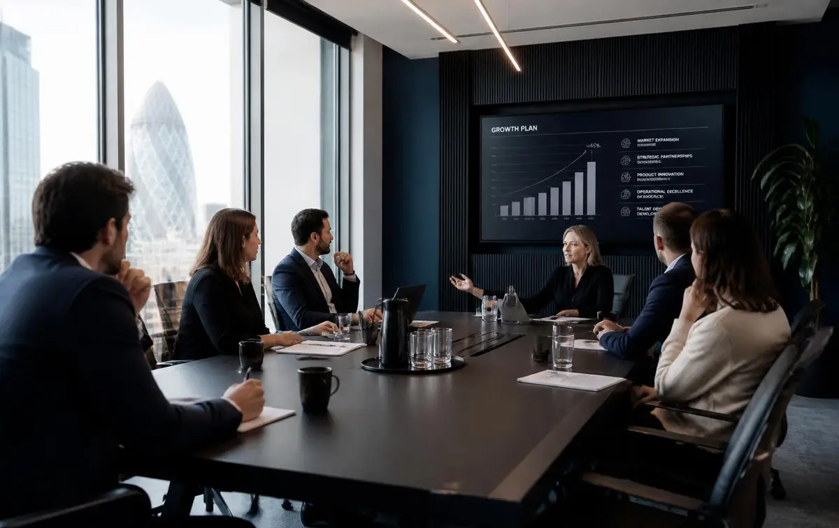 Leadership team reviewing a growth plan on screen during a boardroom strategy session